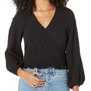 Madewell Lightspun Julianne Smocked-Waist Top in True Black XS